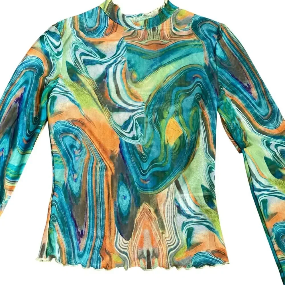 Multicolor Marble Swirl Print Blouse: Y2K, Modern